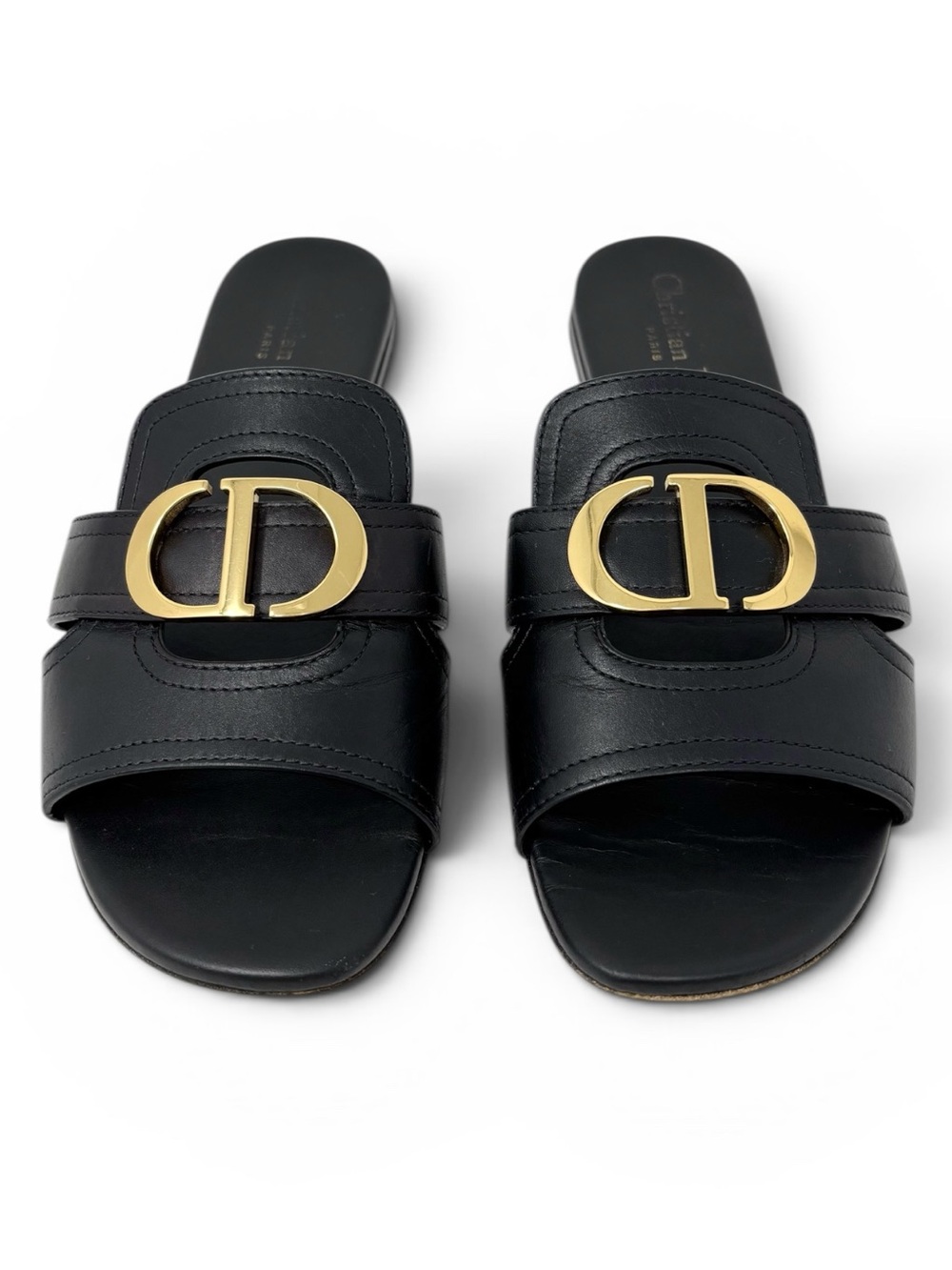Dior 30 Montaigne Slides Black Calfskin Gold CD Logo Sandals Size 38 8 Authentic - Picture 2 of 15